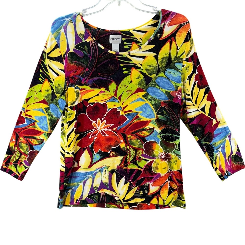 Chico's Floral Top Women Sz 1 M Multi-Color 3/4 Sleeve Tropical Scoop Neck